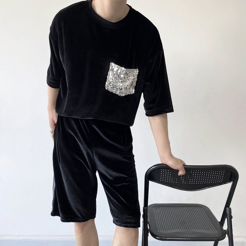 夏季潮流丝绒亮片拼接圆领短袖短裤套装韩版休闲男套装9041P105图片