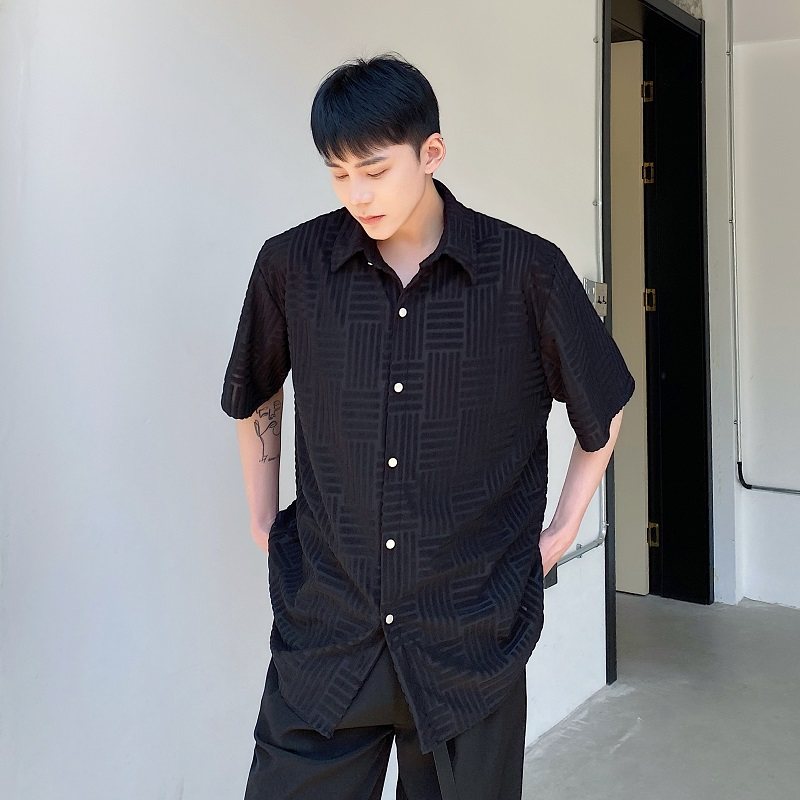 山本暗黑系个性毛巾绣提花翻领短袖男衬衣潮流衬衫3642P75,男装T恤,电商A246