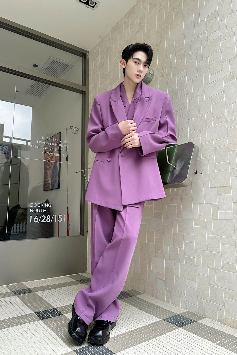 26潮流西服套装个性双门襟垫肩外套直筒休闲长裤5302P285,男装西服套装,电商A246