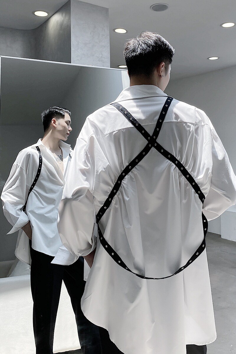 早秋设计师山本暗黑个性铆钉织带小众时髦宽松衬衣A261-2301-P75,男装衬衫,电商A246
