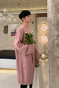 韩版加长宽松时髦清新粉圆领粗纺加厚毛衣A261-MY17-P105图片