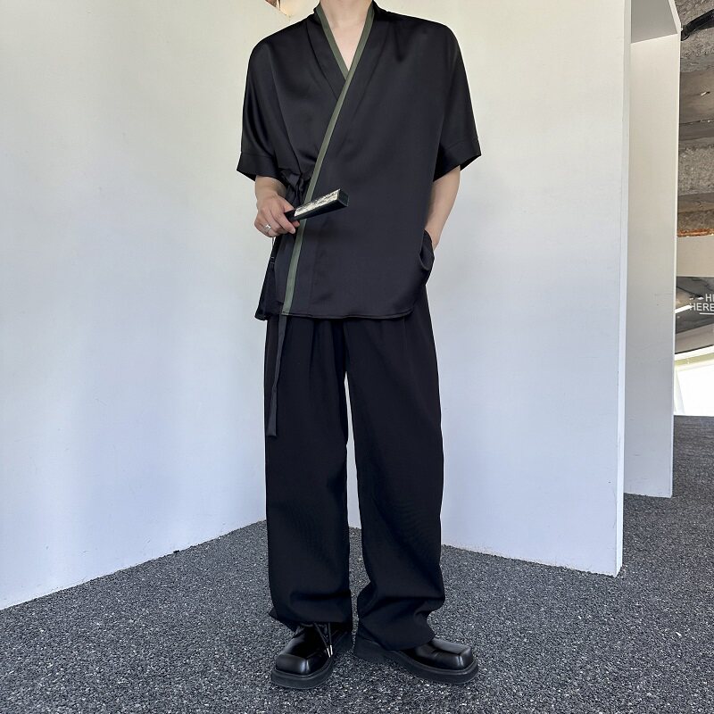 夏季新中式缎面拼色绑带设计短袖男女衬衣复古风禅意5257P85,男装T恤,电商A246