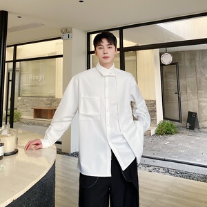 春季新款个性尖领系扣设计长袖男女衬衣潮流痞帅休闲衬衫5238P90图片