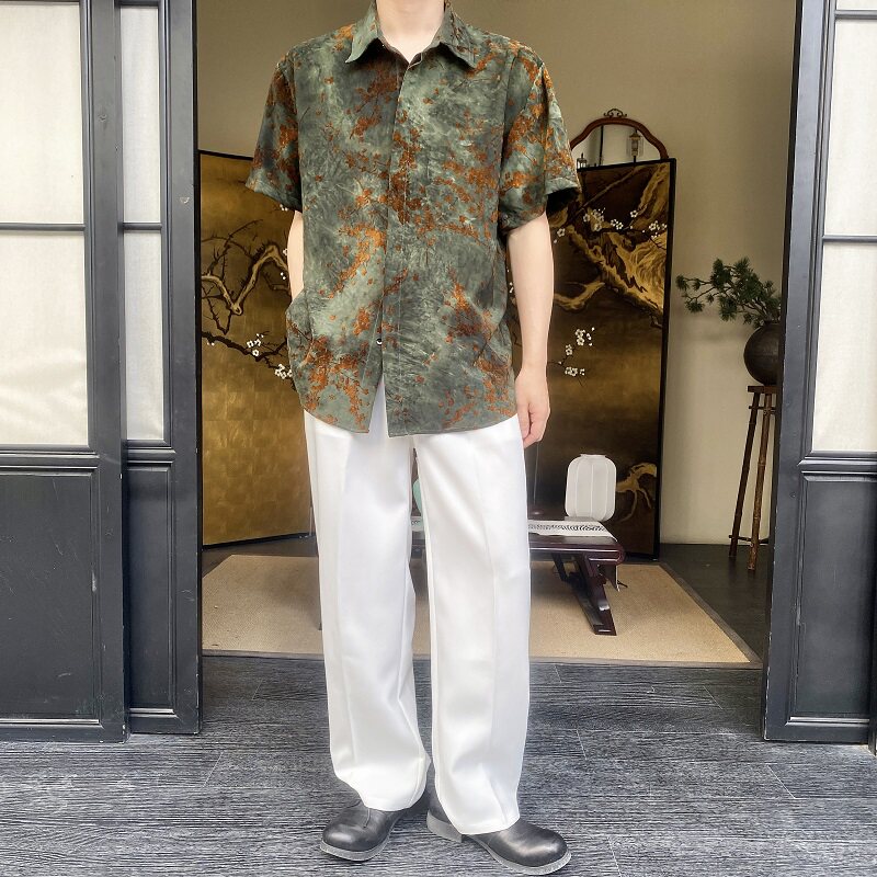 夏季新中式植绒立体提花翻领短袖男女衬衣复古风衬衫9781P85,男装衬衫,电商A246