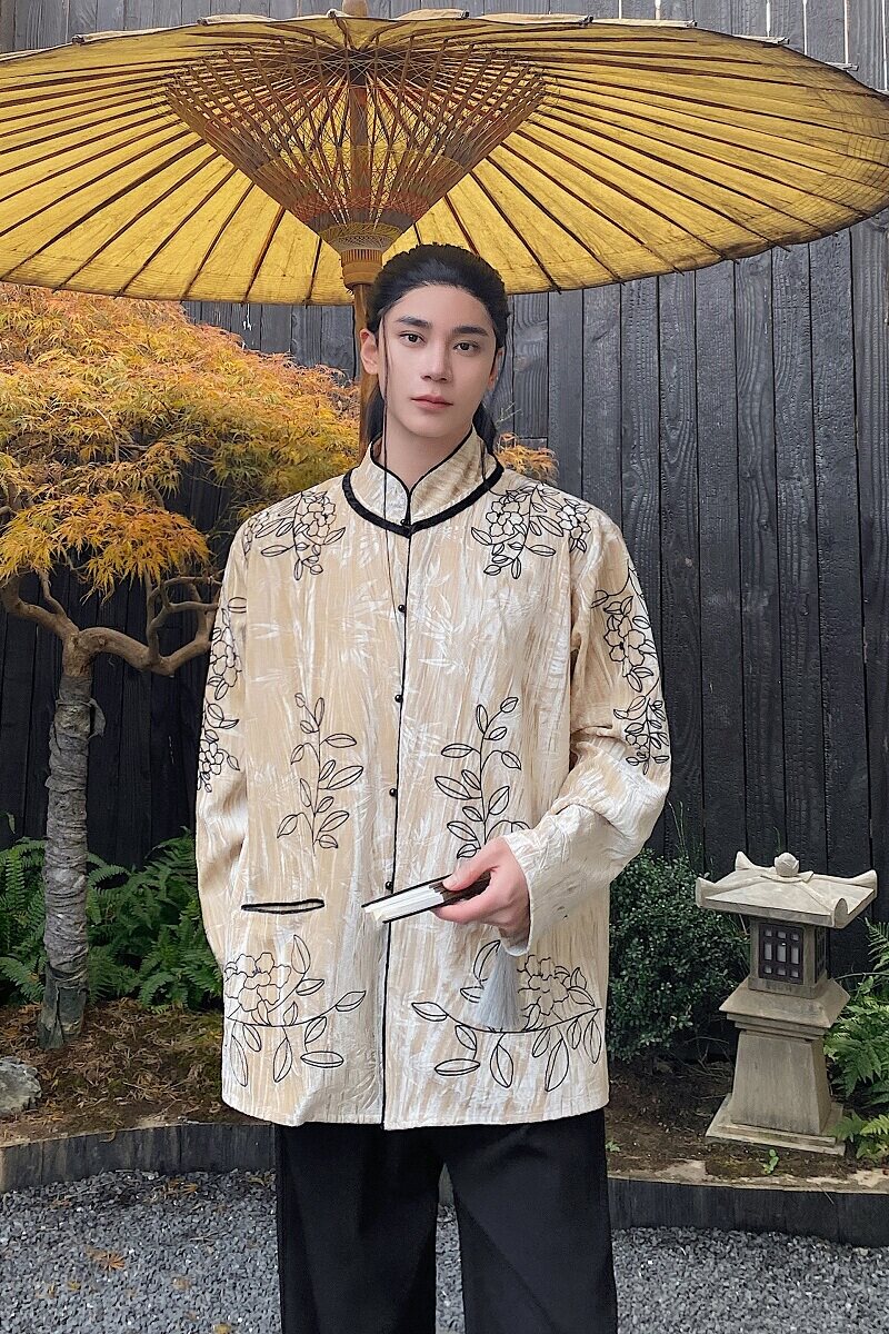 春季中式丝绒压花刺绣立领长袖男女衬衣外套复古禅意上衣3539P135,男装衬衫,电商A246