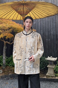 春季中式丝绒压花刺绣立领长袖男女衬衣外套复古禅意上衣3539P135图片