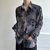 秋季复古植绒提花翻领长袖男女休闲衬衣简约冷淡风衬衫5265P95，男装衬衫，电商A246