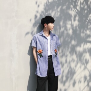 设计个性条纹绣花男款半袖衬衣A261-516-P55图片