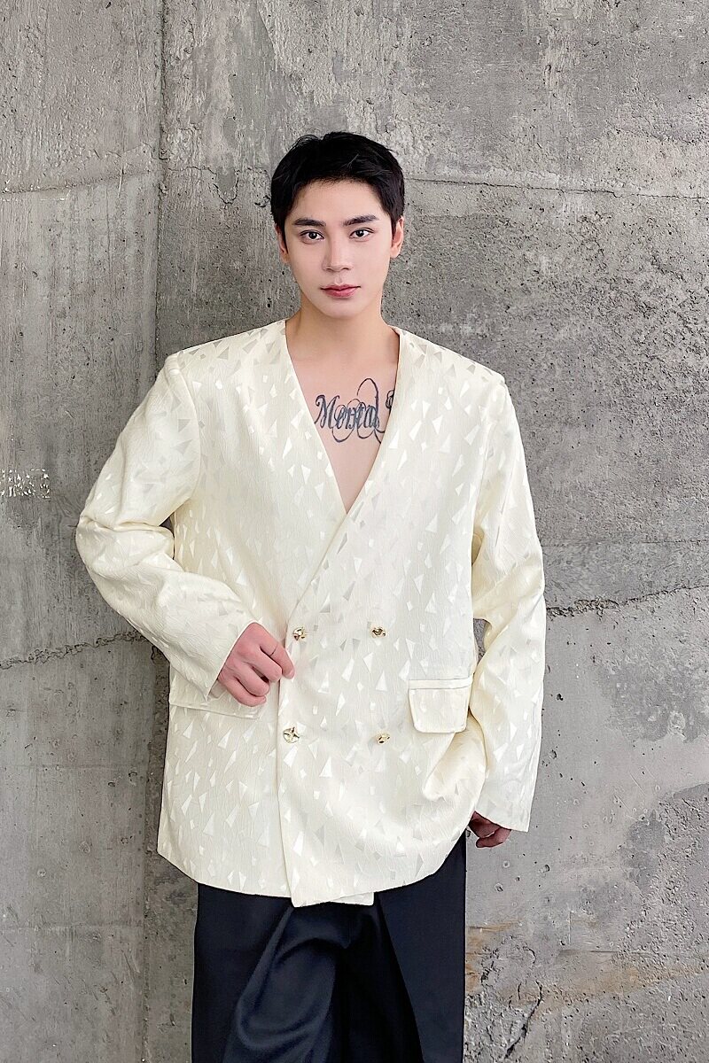 潮流设计小众无领菱形格图案西装外套休闲百搭西服上衣5181-P125,男装西服套装,电商A246