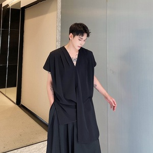 夏季潮流山本暗黑系短袖V领男女套头衬衣个性飘逸时髦衬衫3568P75图片