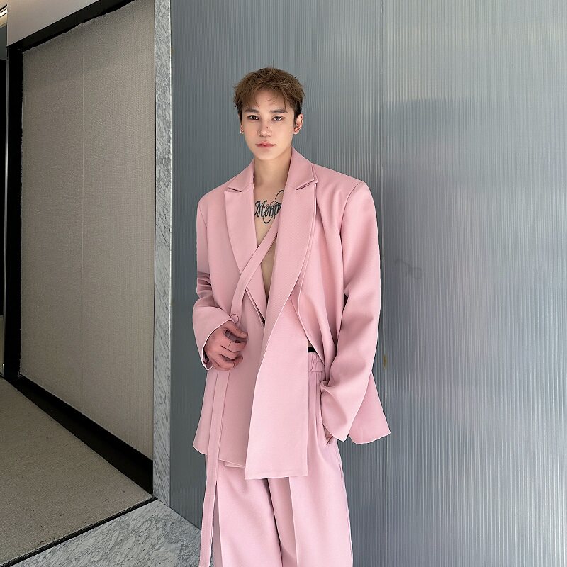 春季新款西服套装小众双领绑带设计西服阔腿休闲直筒长裤6831P245,男装休闲套装,电商A246