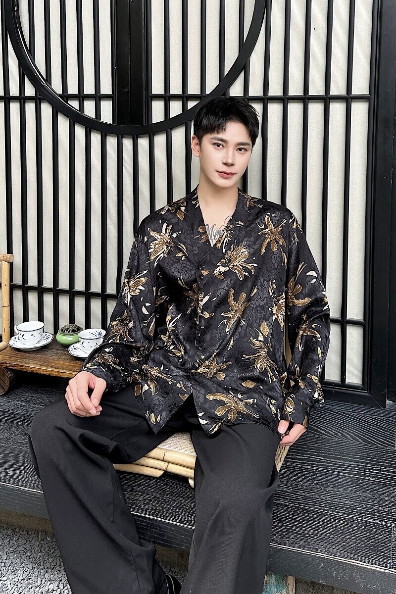 秋复古老钱风肌理纹提花休闲男女长袖衬衣潮流斜襟领衬衫5261P85,男装衬衫,电商A246