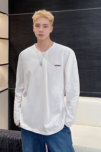 个性折叠圆领男长袖T恤潮流金属标牌韩版百搭纯色上衣3791P60图片