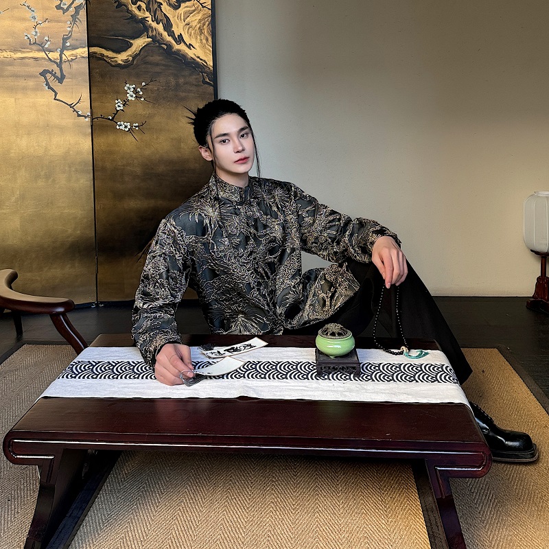 春季新款立体提花中式立领盘扣长袖男女衬衣复古风衬衫5215P105，男装衬衫，电商A246