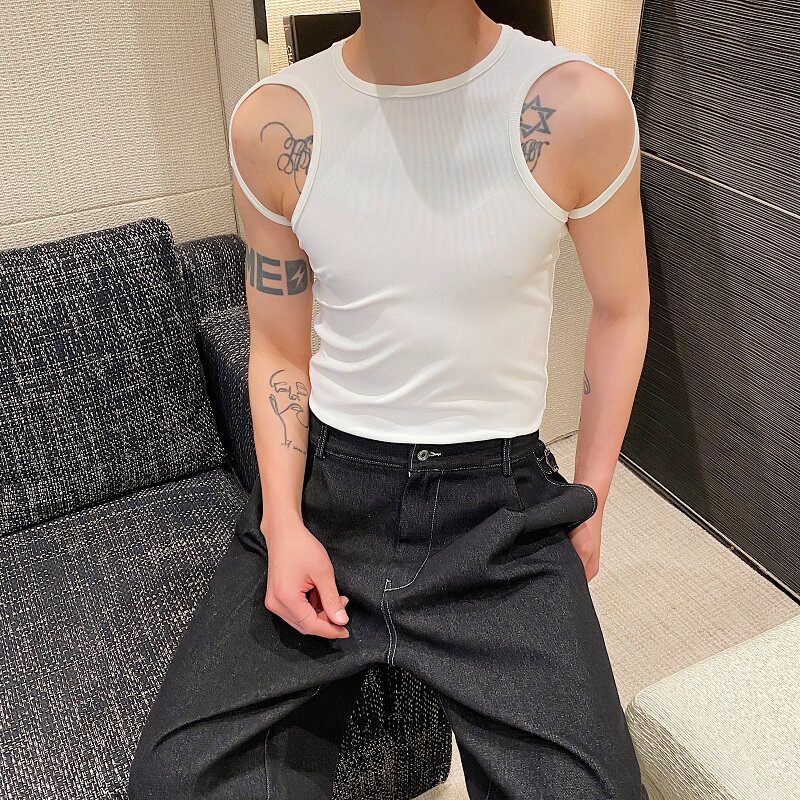 夏季个性绑带设计弹力罗纹圆领背心潮流痞帅无袖坎肩5251P55,男装背心/马甲,电商A246