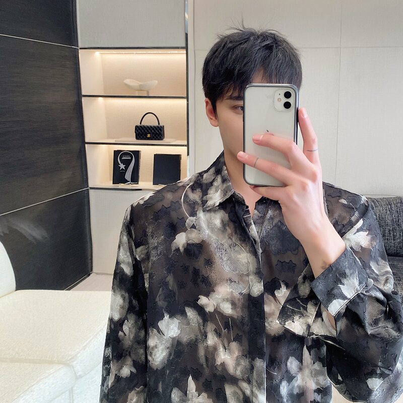 春季新款立体烧花工艺翻领长袖男女衬衣潮流暗黑韩版衬衫3550P85,男装衬衫,电商A246