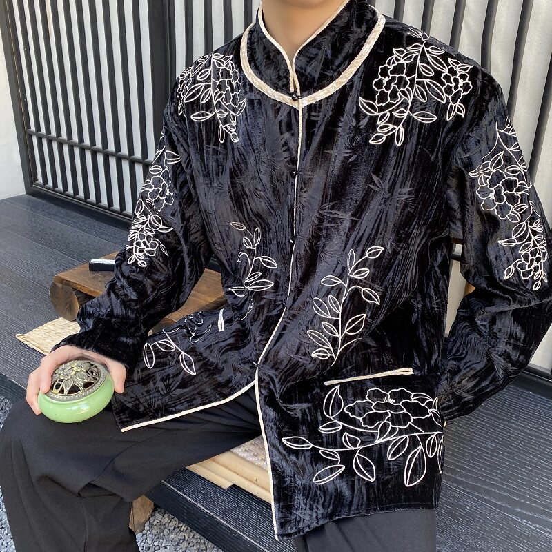 春季中式丝绒压花刺绣立领长袖男女衬衣外套复古禅意上衣3539P135,男装衬衫,电商A246