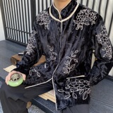 春季中式丝绒压花刺绣立领长袖男女衬衣外套复古禅意上衣3539P135，男装衬衫，电商A246