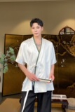 夏季新中式缎面拼色绑带设计短袖男女衬衣复古风禅意5257P85，男装T恤，电商A246