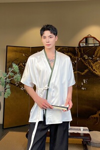 夏季新中式缎面拼色绑带设计短袖男女衬衣复古风禅意5257P85图片