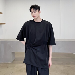 暗黑原创个性褶皱拼接潮流韩版休闲圆领短袖T恤a246-2374-P55图片