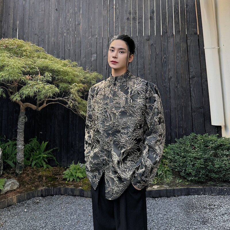 春季新款立体提花中式立领盘扣长袖男女衬衣复古风衬衫5215P105,男装衬衫,电商A246