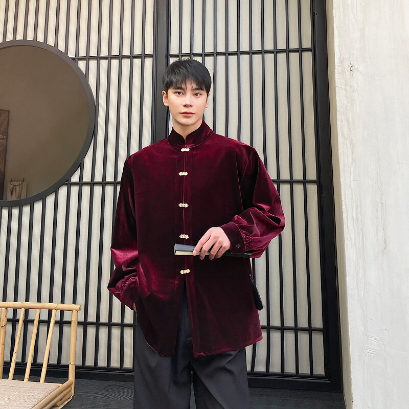 潮流新中式丝绒金属盘扣立领长袖男女衬衣禅意风衬衫5221P105,男装衬衫,电商A246