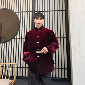 潮流新中式丝绒金属盘扣立领长袖男女衬衣禅意风衬衫5221P105图片