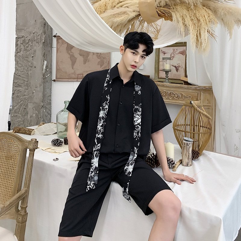 夏季原创复古撞色花边领结宽松男短袖衬衣A261-2201,男装T恤,电商A246