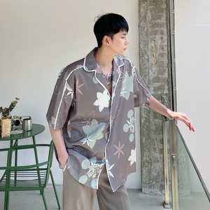 夏季气质暖色调印花翻领短袖男衬衣时髦雅痞个性半袖衬衫3646P75图片