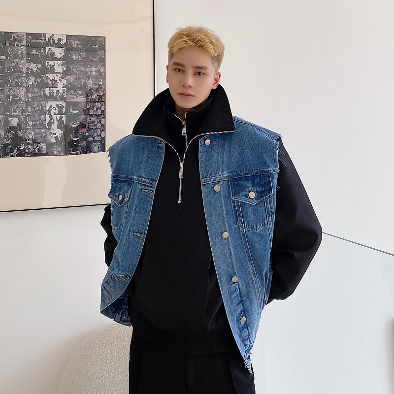 春季个性毛边圆领无袖牛仔马甲韩版时髦穿搭男坎肩9726P95，男装背心/马甲，电商A246