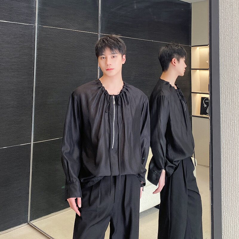 夏季个性圆领抽绳拉链设计欧根纱长袖防晒男女衬衣3563P85,男装防晒衣,电商A246