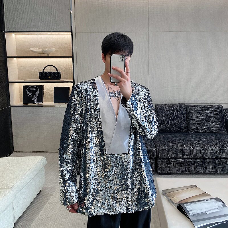 秋冬立体亮片缎面拼接套头V领西服外套潮流舞台演出服5243P175,男装西服,电商A246