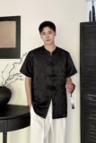 夏季新中式提花盘扣圆领短袖男女衬衣复古风禅意衬衫3569P85，男装衬衫，电商A246