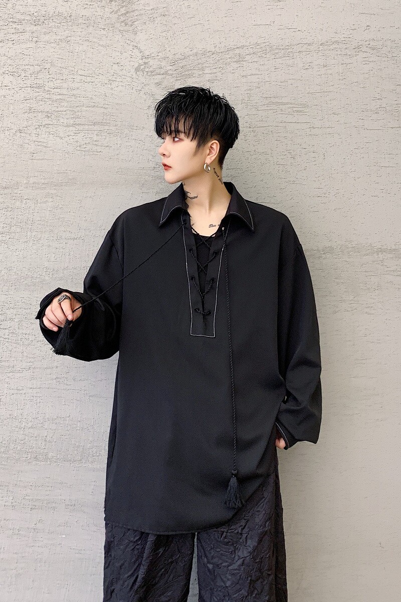 暗黑个性绑带流苏明线撞色宽松翻领衬衣A261-3010-P65,男装衬衫,电商A246