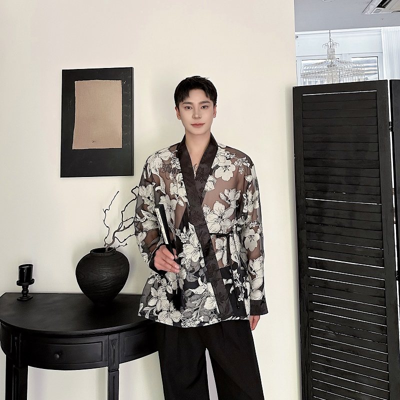 夏欧根纱提花禅意绑带长袖男女衬衣潮流复古休闲防晒衬衫3577P95,男装衬衫,电商A246