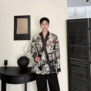 夏欧根纱提花禅意绑带长袖男女衬衣潮流复古休闲防晒衬衫3577P95