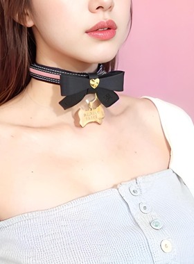 项圈定制刻字女m 真皮手工皮具外出女m链子蝴蝶结可爱吊牌定做20
