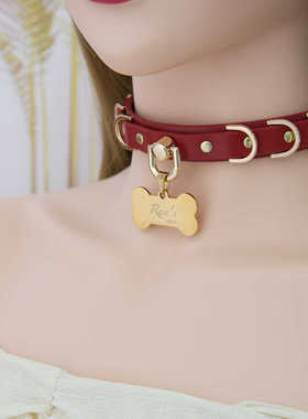 项圈定制女m手工皮具外出k9真皮定制刻字吊牌金属