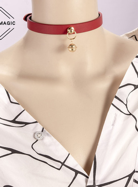 女m哆啦A梦纯银铃铛会响的真皮项圈女定制刻字人脖圈颈带红色k9