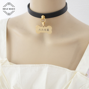 女m真皮项圈骨头牌猫头猫爪圆形爱心小鱼吊牌刻字狗牌女用k9