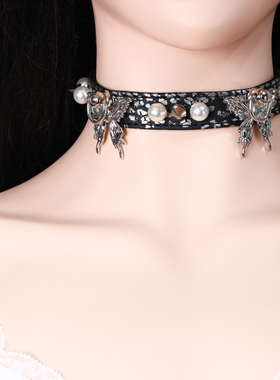 upsm项圈渐变皮质蝴蝶珍珠女牵引绳链子蝴蝶珍珠项链颈圈