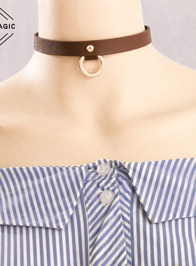 女m项圈棕色黑色圆环项圈真皮女牛皮颈带饰品