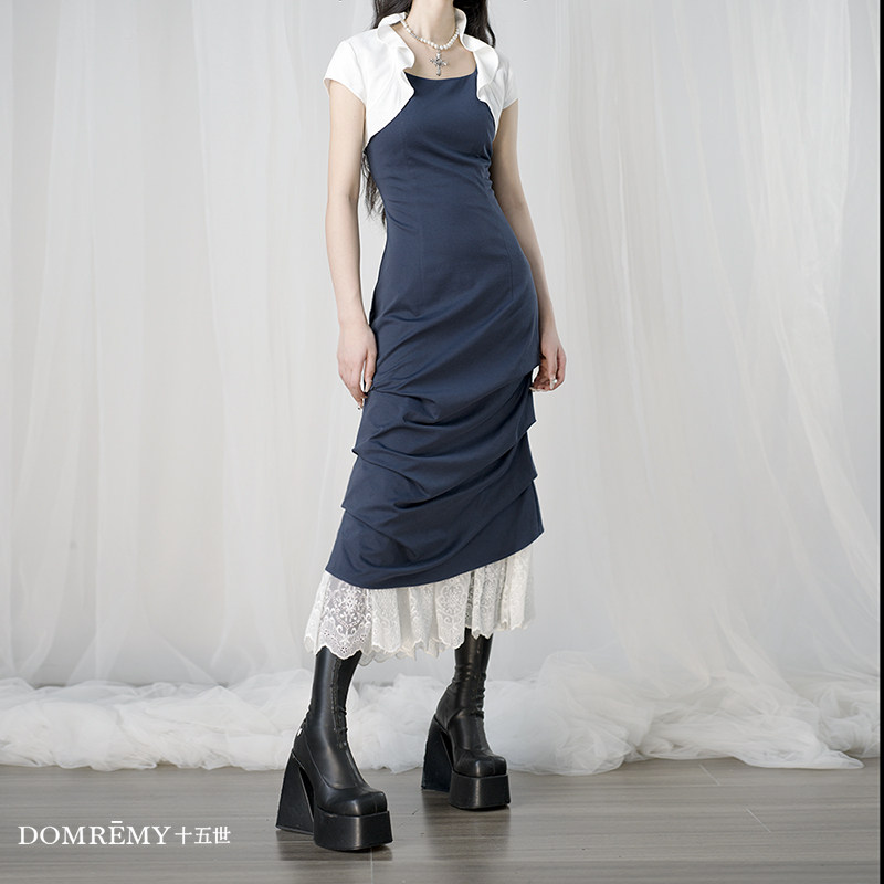 Domremy十五世【海浪蕾丝】夏设计感掐腰气质不规则摆吊带连衣裙