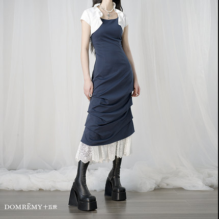 Domremy十五世【海浪蕾丝】夏设计感掐腰气质不规则摆吊带连衣裙