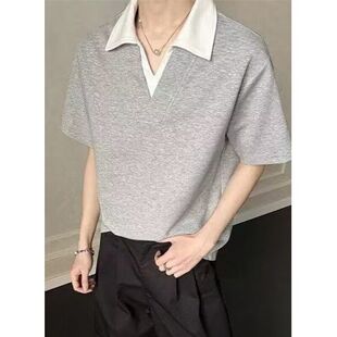 慵懒贵公子撞色领假两件polo衫复古竹节短袖叠穿打底衫