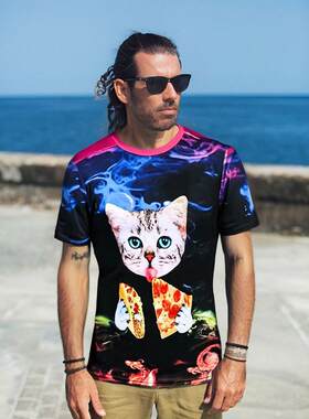 2025年夏装3D创意猫咪印花衣服修身短袖T恤衫男女百搭情侣体恤潮