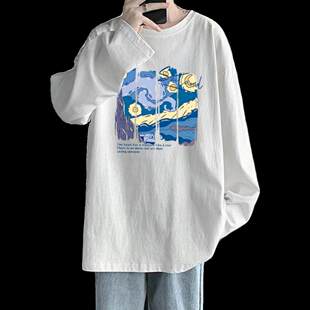 潮流春秋季衣服恤潮牌百搭上inst长袖印花衫休闲圆领打底宽松男生