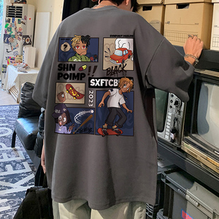 袖半袖5潮牌短袖复古印花潮流oversize男T恤圆领美式欧美大码五分