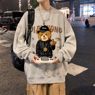 t打底印花无帽男春秋季潮牌ins宽松卫衣恤高街长袖衫套头休闲狗熊